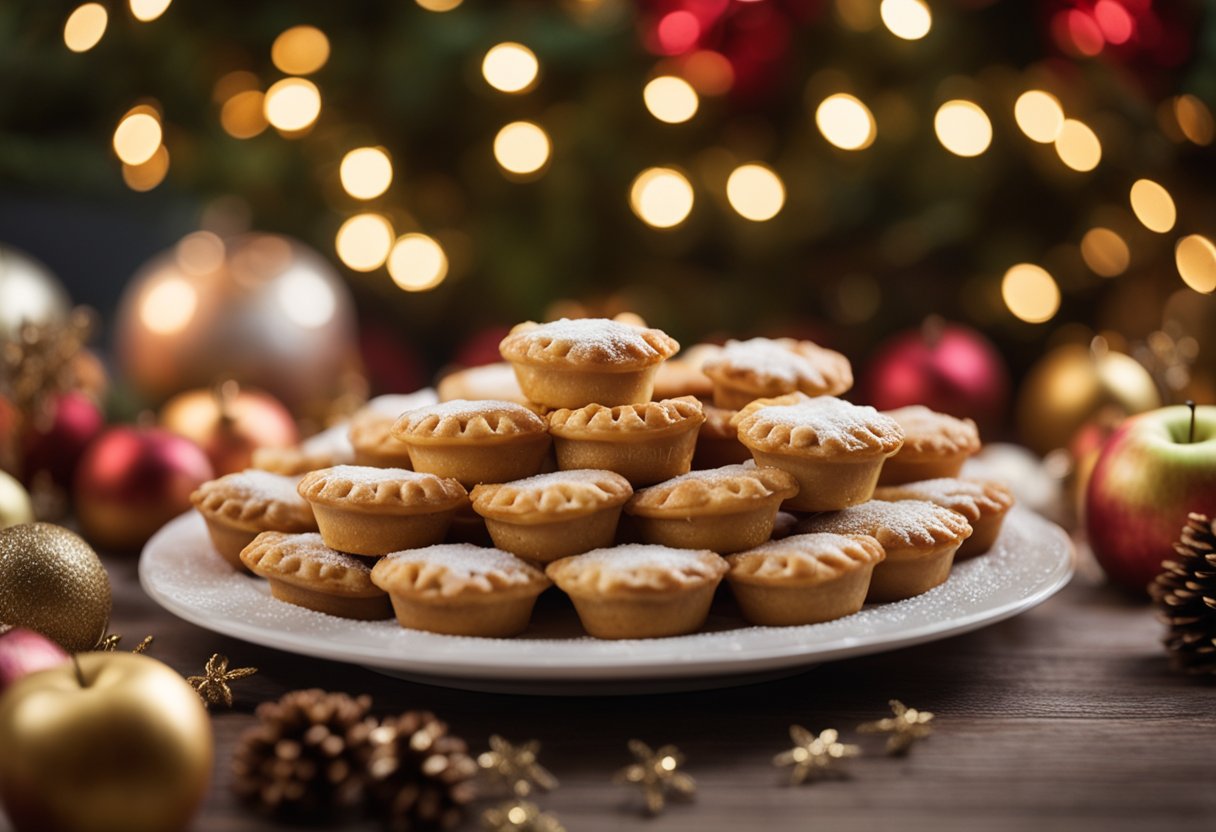 A plate of apple pie bites surrounded by festive holiday market decorations