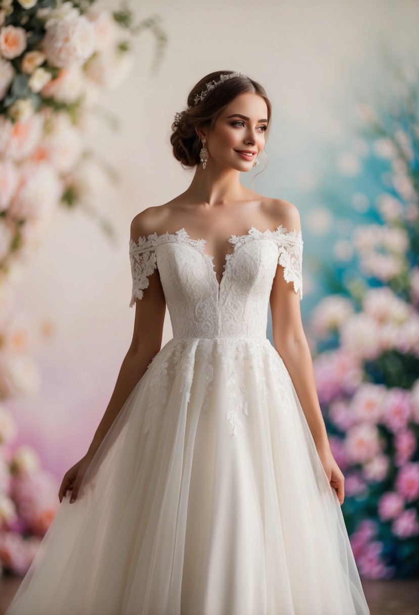 An ivory wedding dress with an off-the-shoulder design, adorned with delicate lace and flowing fabric, set against a dreamy, romantic backdrop