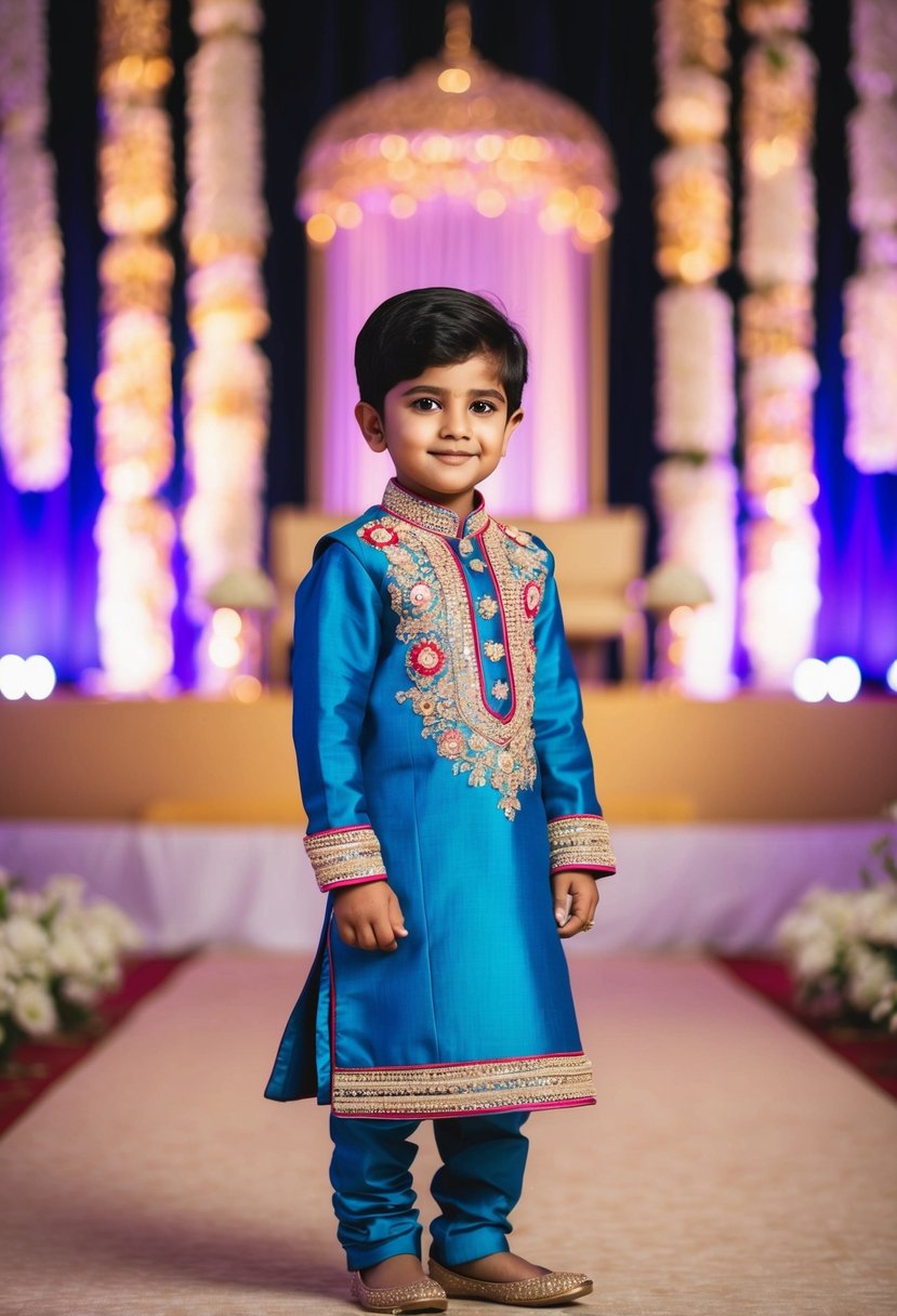 A young child wearing a traditional Indian kurta set, adorned with intricate embroidery and vibrant colors, standing in front of a grand wedding backdrop