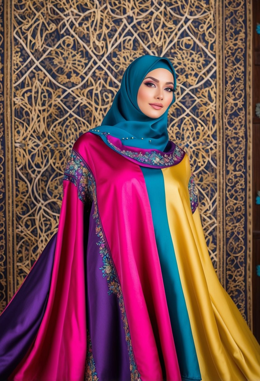 A flowing silk hijab gown in vibrant colors, adorned with intricate embroidery and delicate beading, set against a backdrop of ornate arabesque patterns