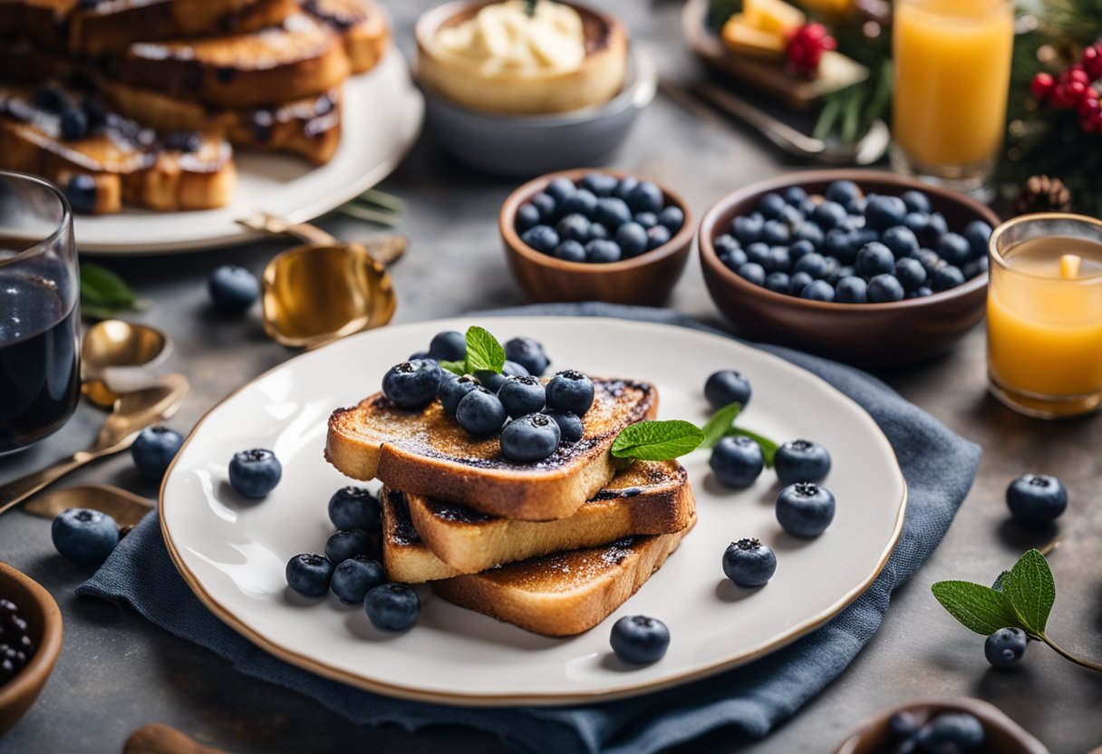 A festive table setting with a plate of keto blueberry French toast, surrounded by holiday market foods