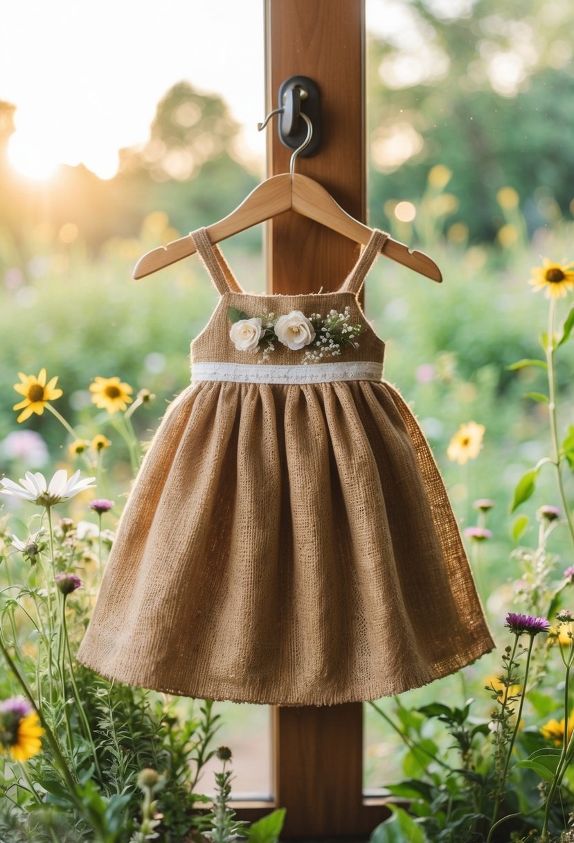 A rustic burlap flower girl dress hanging on a wooden hanger, surrounded by wildflowers and greenery, with a soft, warm sunlight streaming through a window