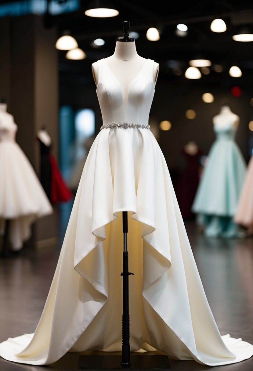 An ivory high-low hem wedding dress displayed on a modern mannequin