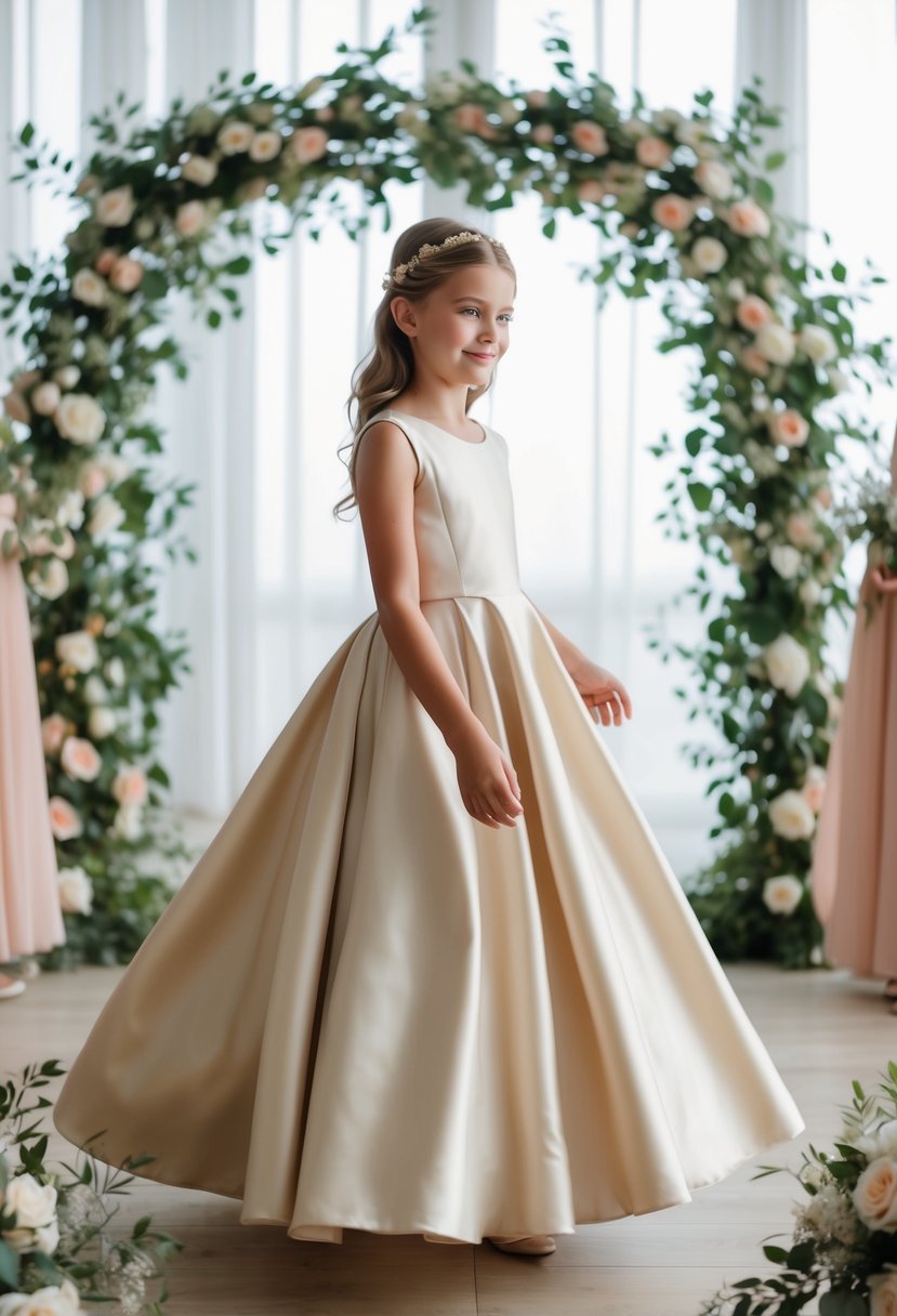 A young girl twirls in an elegant silk A-line dress, surrounded by floral wedding decor