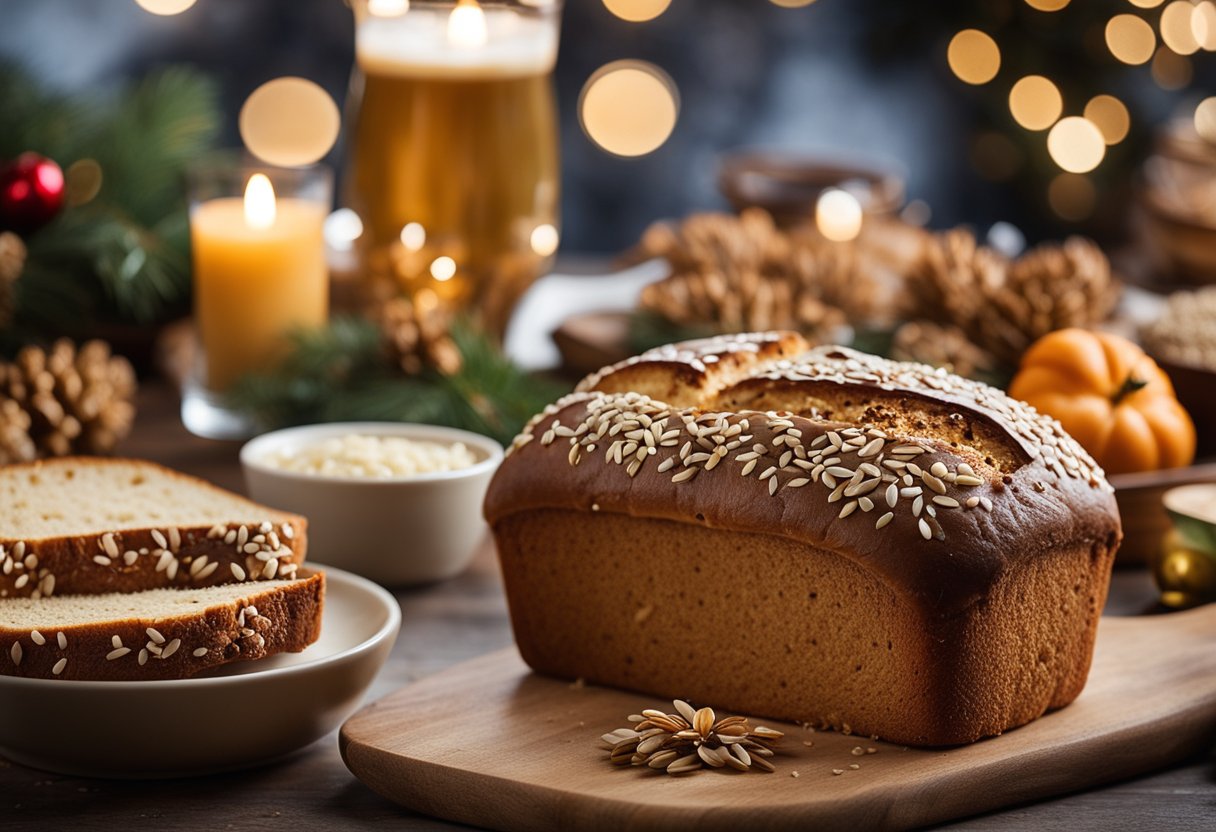 A loaf of low-carb seeded bread surrounded by festive holiday market foods