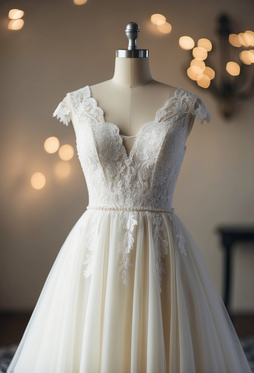 An elegant ivory wedding dress on a mannequin, with delicate lace details and a flowing A-line silhouette