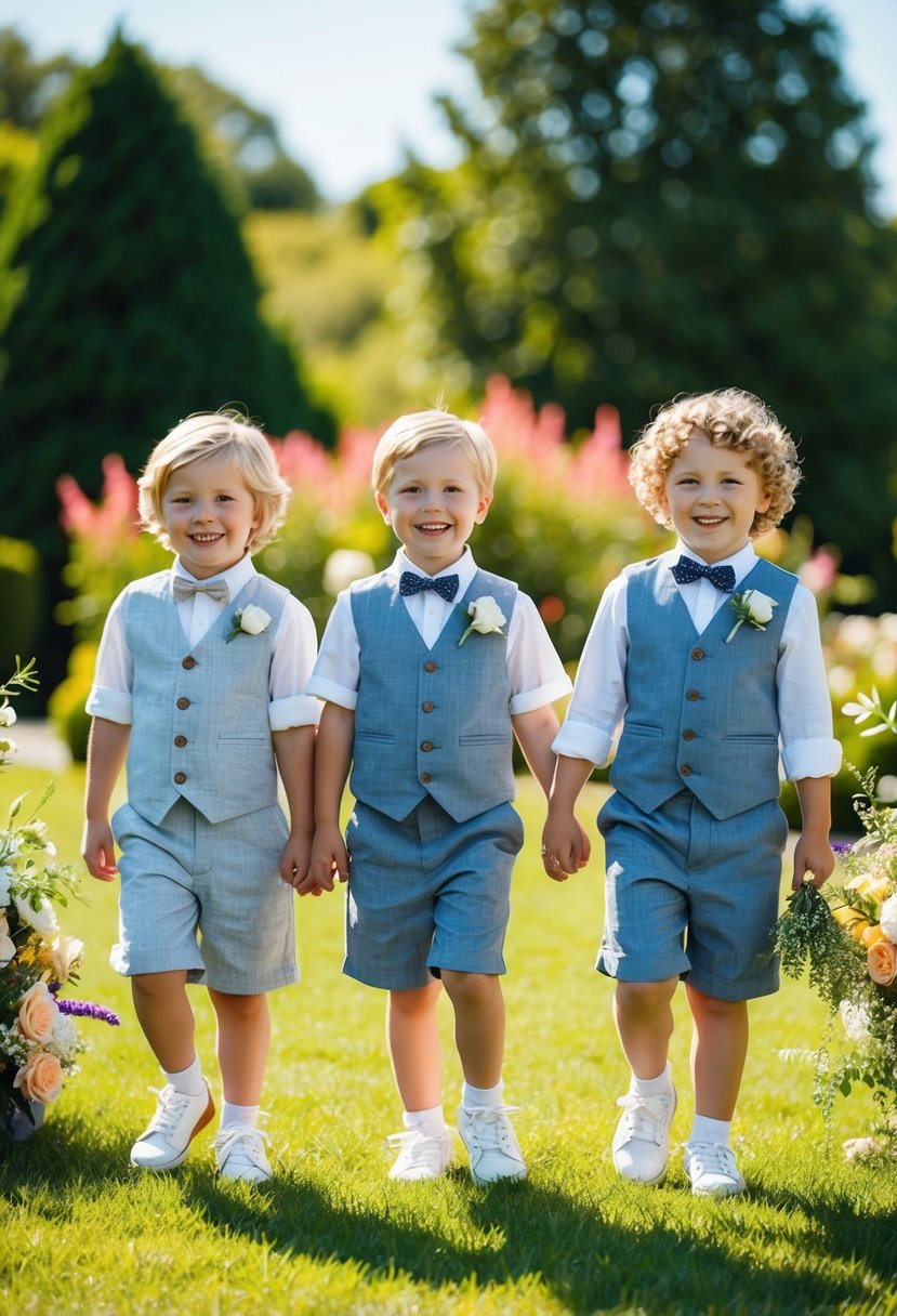 A sunny outdoor wedding with children wearing casual linen summer suits, surrounded by flowers and greenery