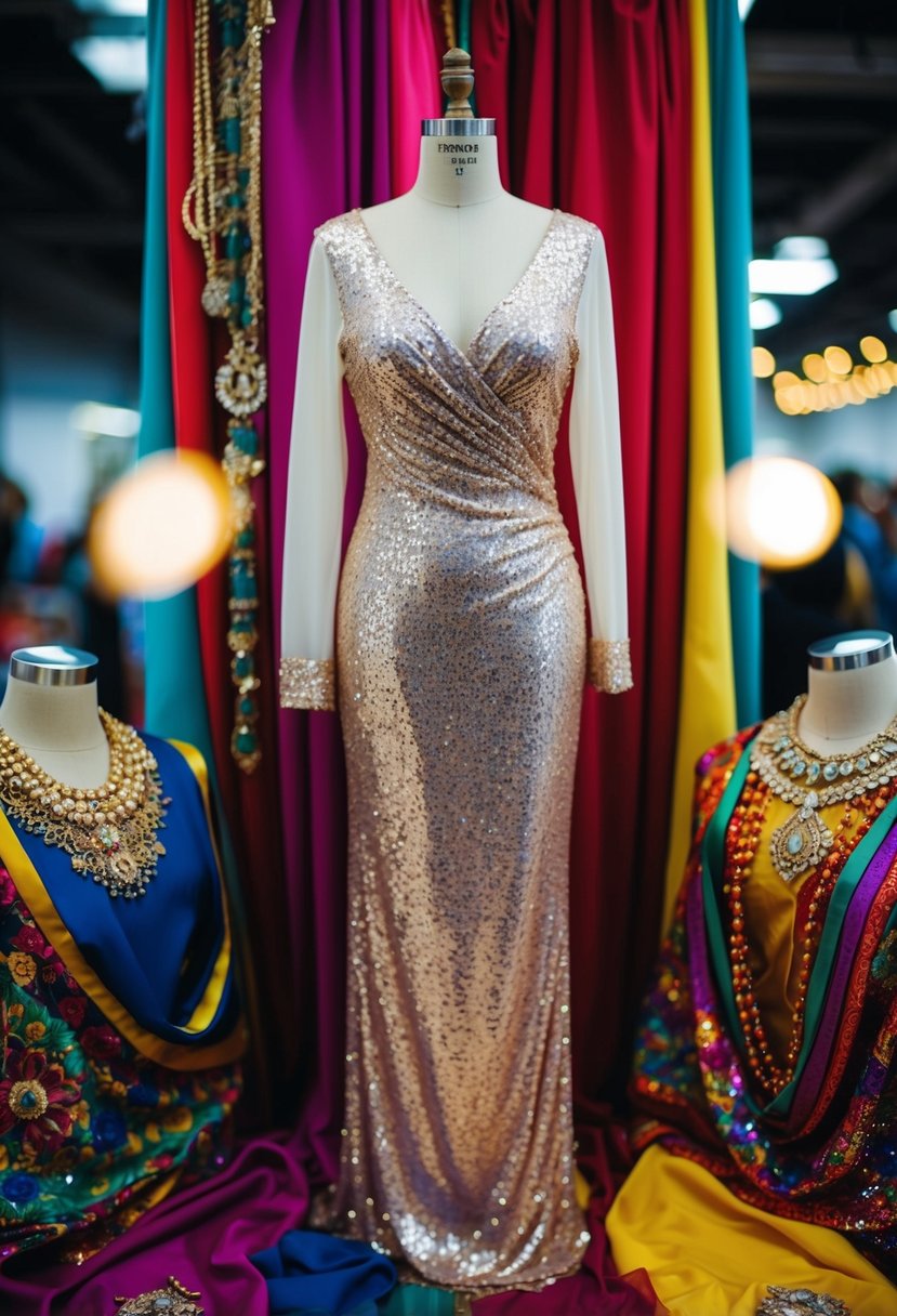 A long sleeve sequined dress draped over a mannequin, surrounded by colorful fabrics and ornate jewelry