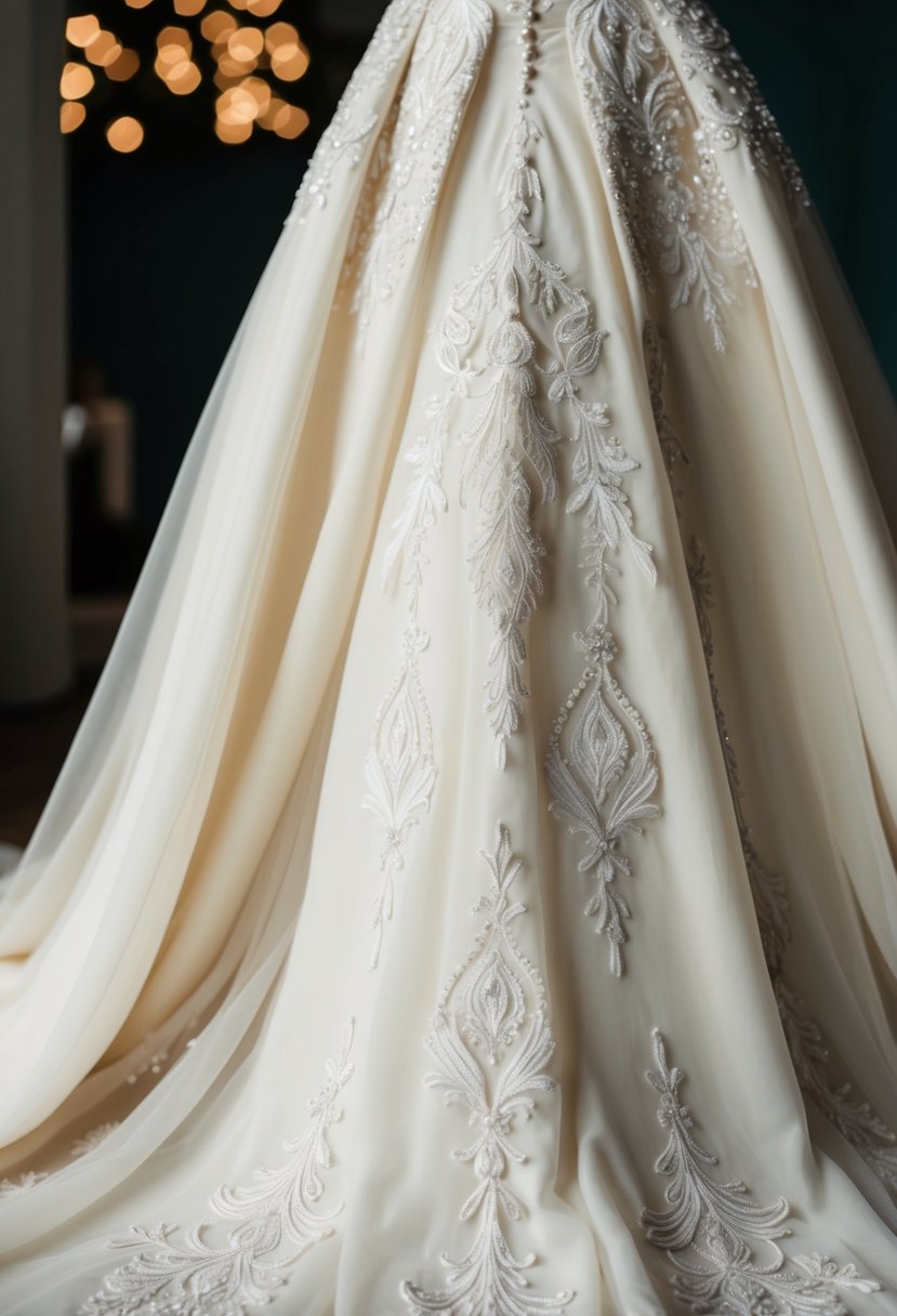 An ivory wedding dress adorned with intricate, artistic embroidery patterns cascading down the flowing fabric