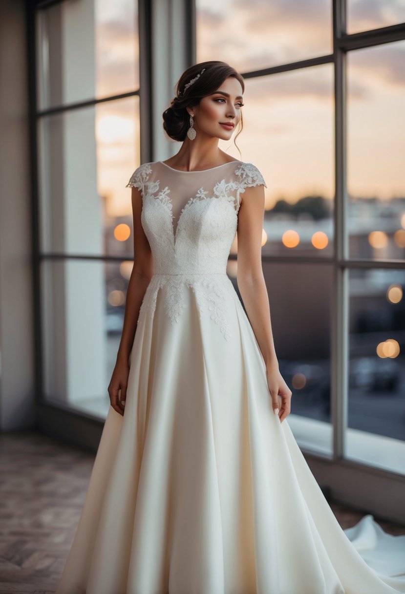 An elegant ivory wedding dress with chic cap sleeves, flowing fabric, and delicate lace detailing