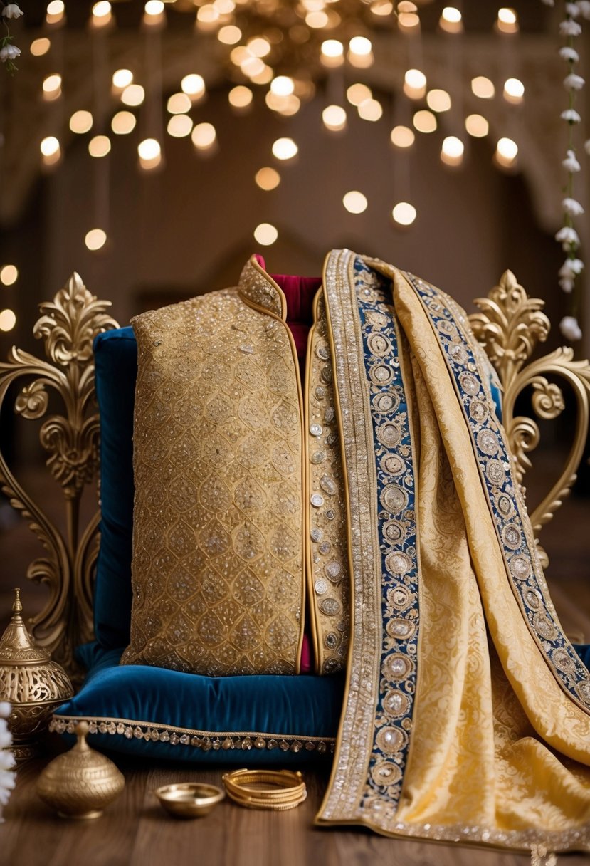 A luxurious gold embroidered sherwani draped over a velvet cushion, surrounded by ornate arabesque patterns and traditional wedding decor