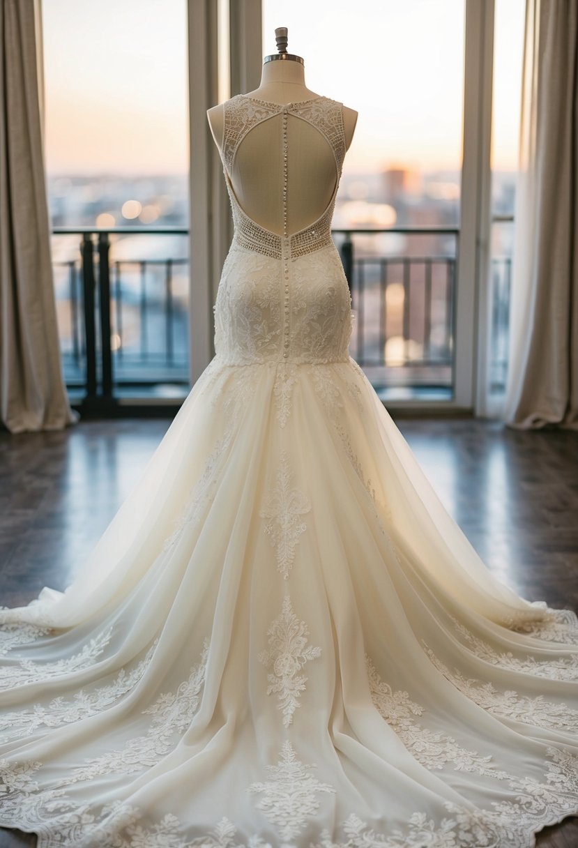 An elegant ivory wedding dress with a dramatic backless style, adorned with intricate lace and delicate beading, flowing gracefully on a mannequin