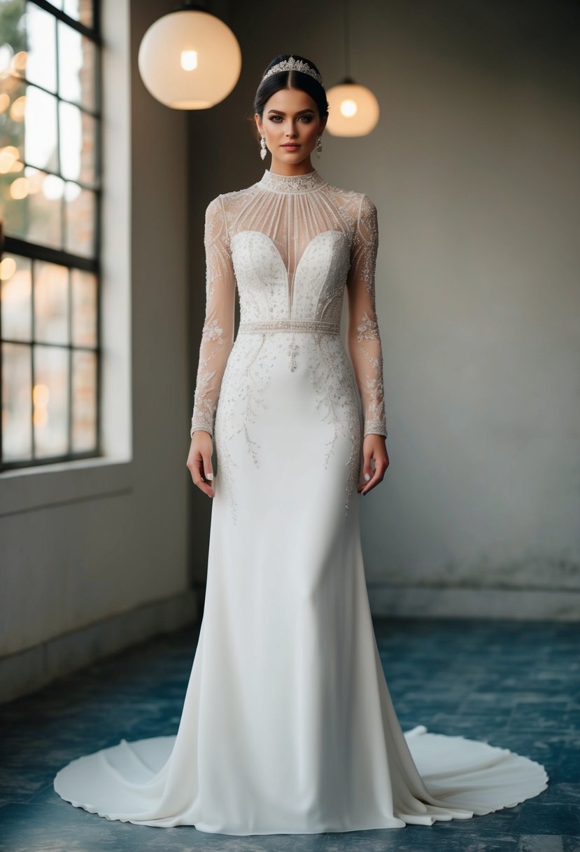 A modern modest gown with intricate lace and beading, featuring a high neckline and long sleeves, flowing gracefully to the floor