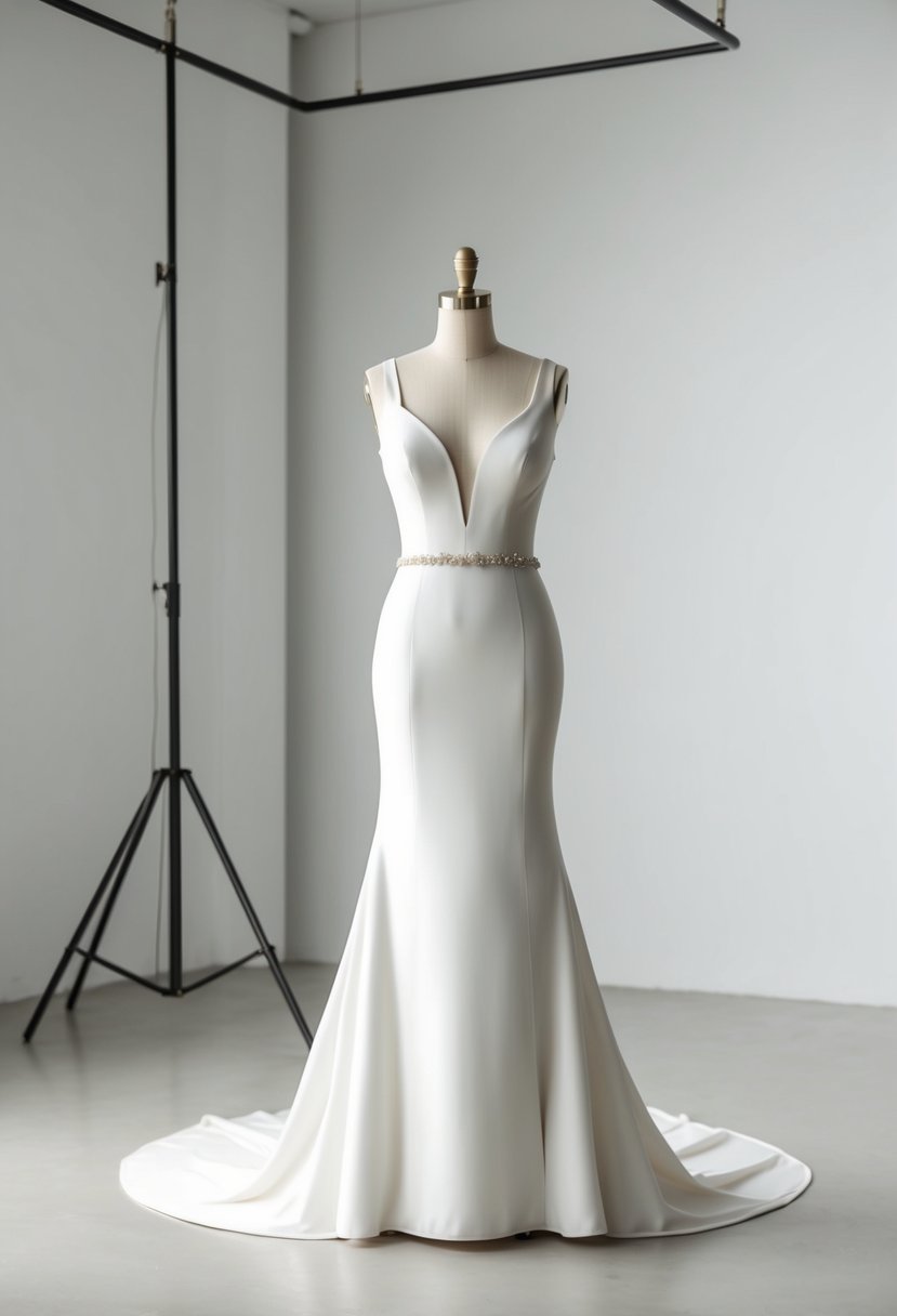 A sleek ivory wedding dress on a modern mannequin in a minimalist studio setting with clean lines and soft lighting