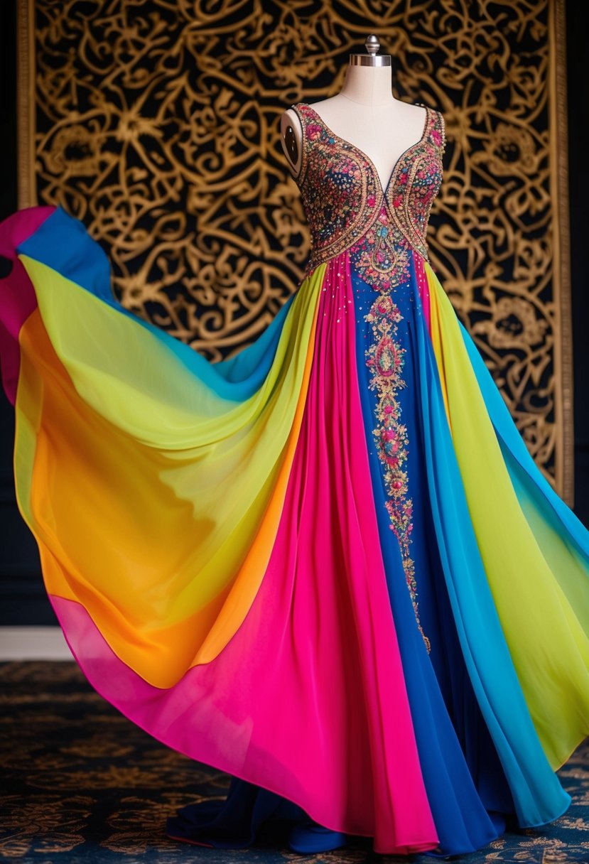 A flowing chiffon A-line dress in vibrant colors, adorned with intricate embroidery and shimmering beadwork, set against a backdrop of ornate arabesque patterns