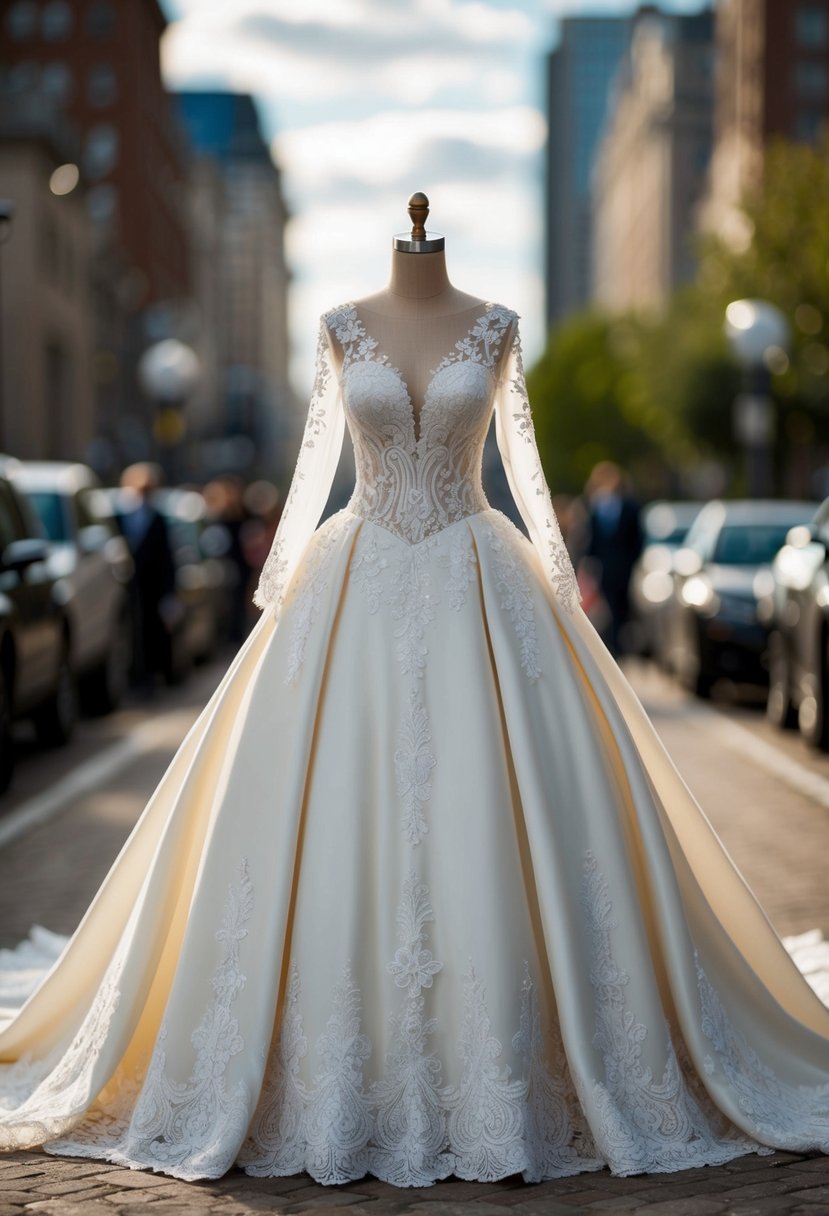 An elegant ivory wedding dress with intricate lace details and a flowing ball gown silhouette, accented with delicate beading and a long train