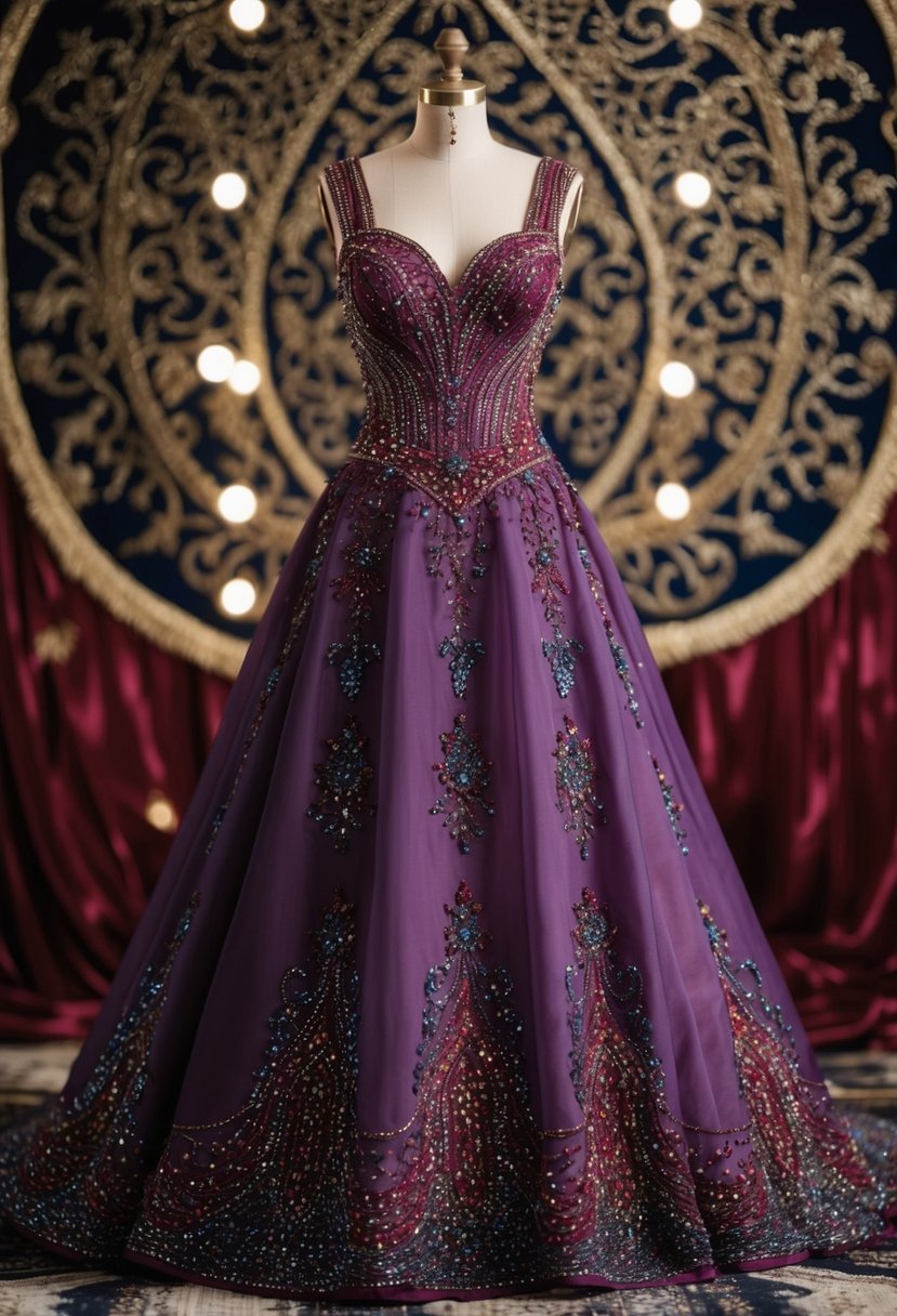 A beaded princess-cut dress in rich, jewel-toned colors, adorned with intricate embroidery and shimmering details, set against a backdrop of ornate arabesque patterns and luxurious fabrics