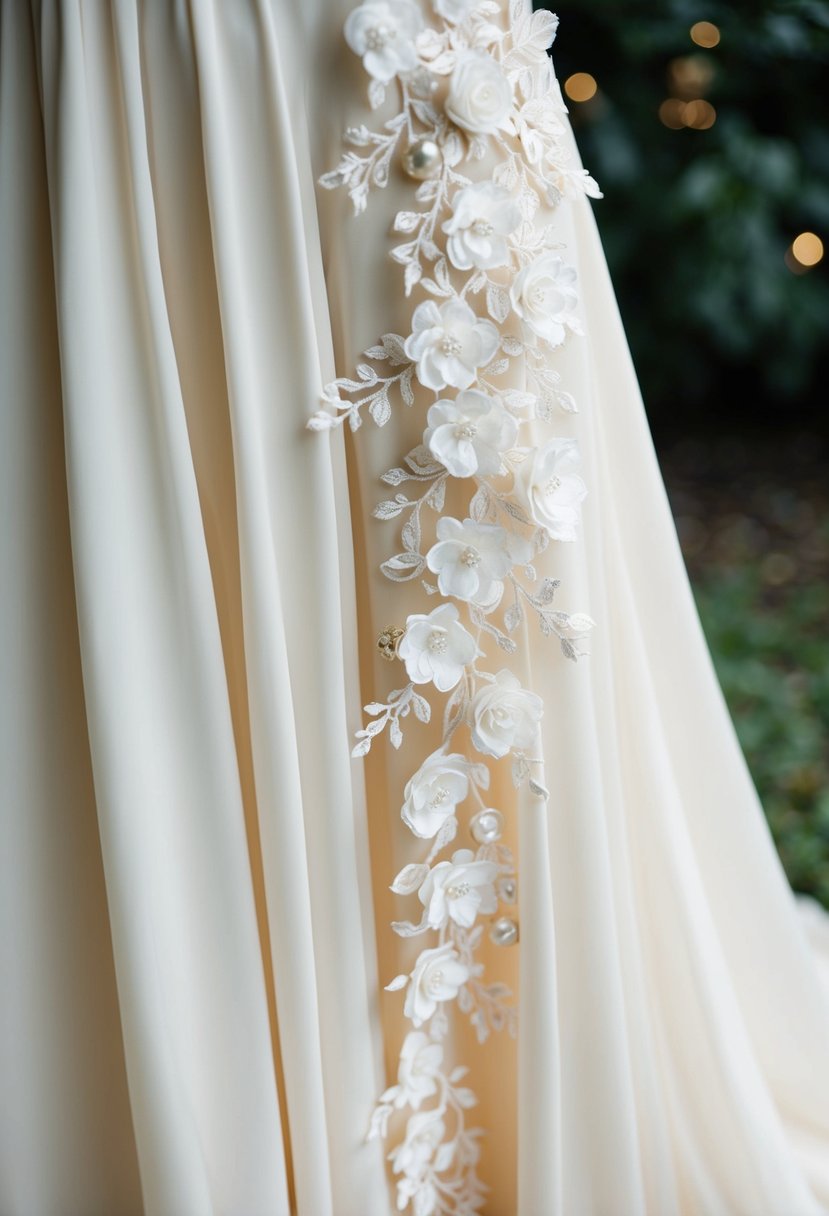 A delicate floral appliqué adorns an ivory wedding dress, cascading down the flowing fabric