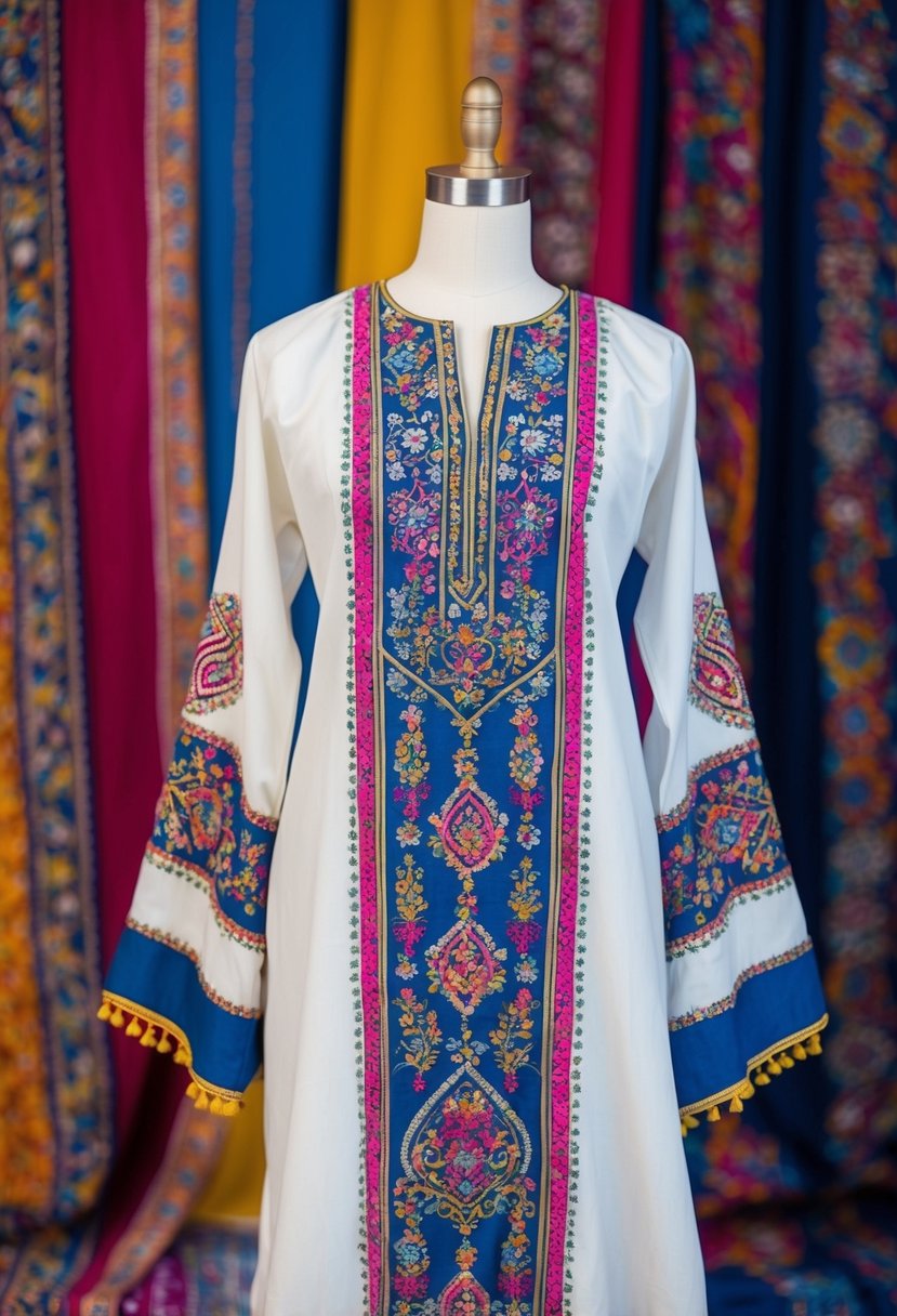 An ornate cotton kaftan adorned with intricate embroidery, set against a backdrop of vibrant colors and traditional Middle Eastern patterns