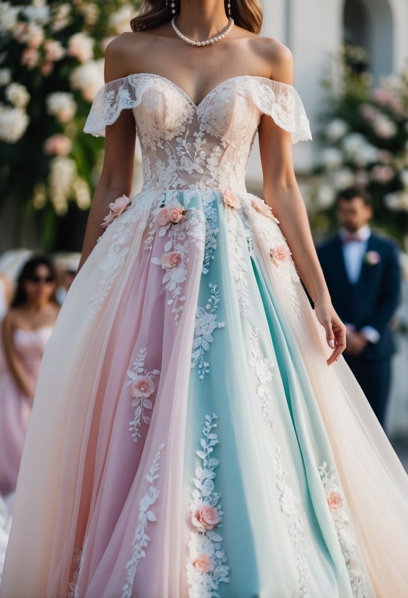 A flowing, off-the-shoulder wedding dress in pastel hues, adorned with delicate lace and floral embroidery. Pearl accents and a sweetheart neckline complete the 90s aesthetic