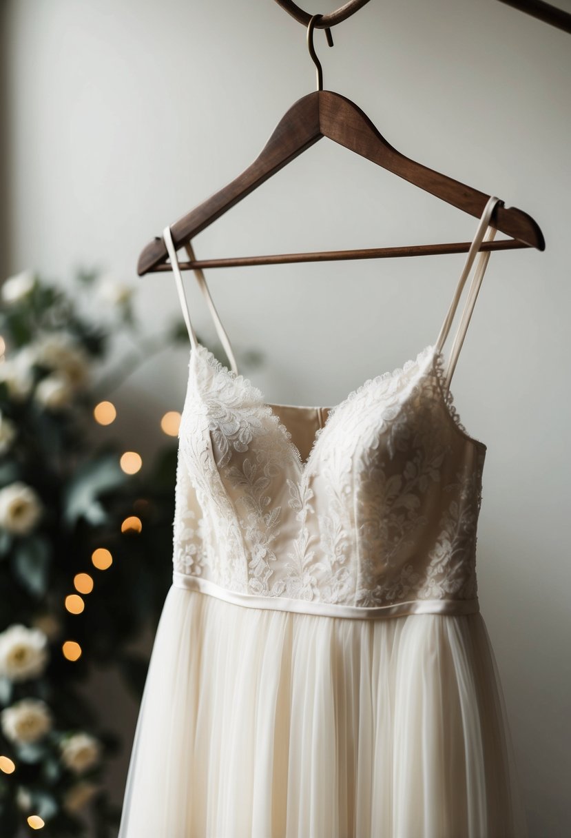 An ivory wedding dress with delicate spaghetti straps hangs on a vintage wooden hanger, surrounded by soft, romantic lighting