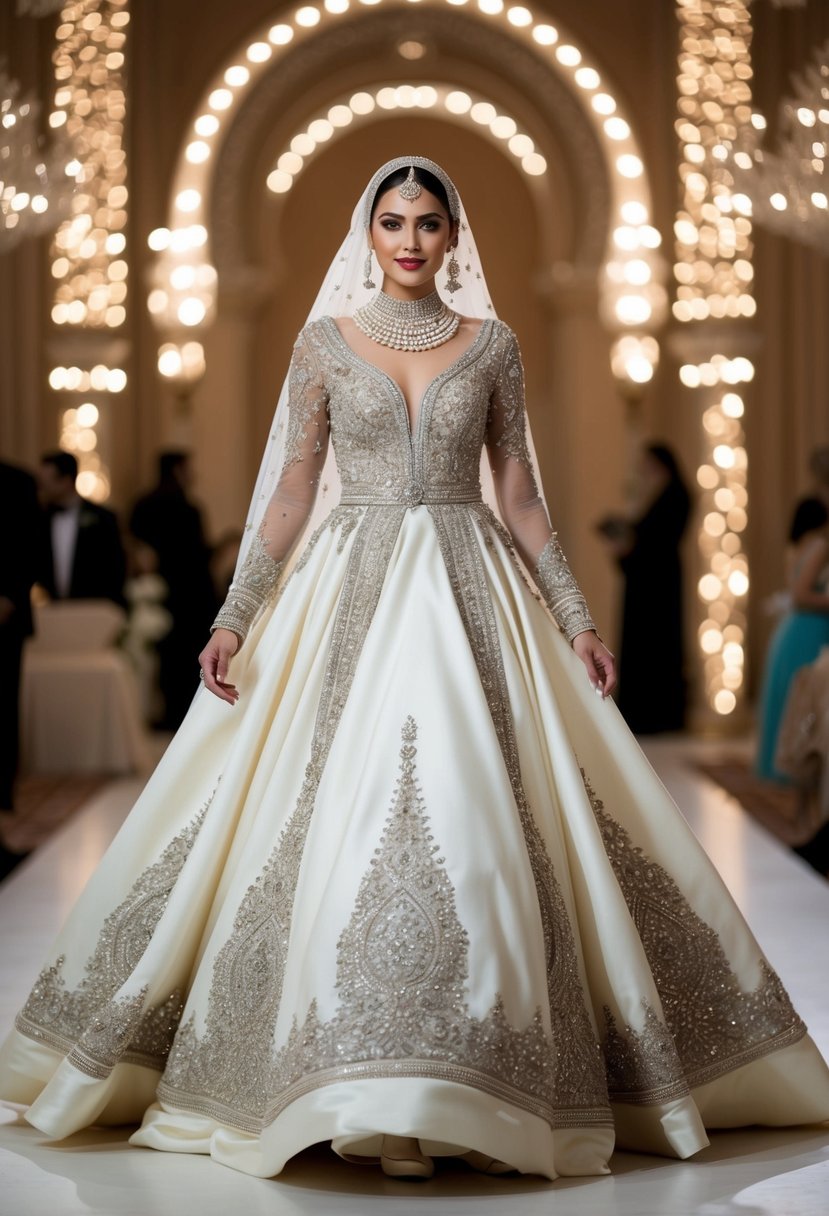 A flowing gown adorned with shimmering pearls and intricate embroidery, fit for a grand Arab wedding celebration