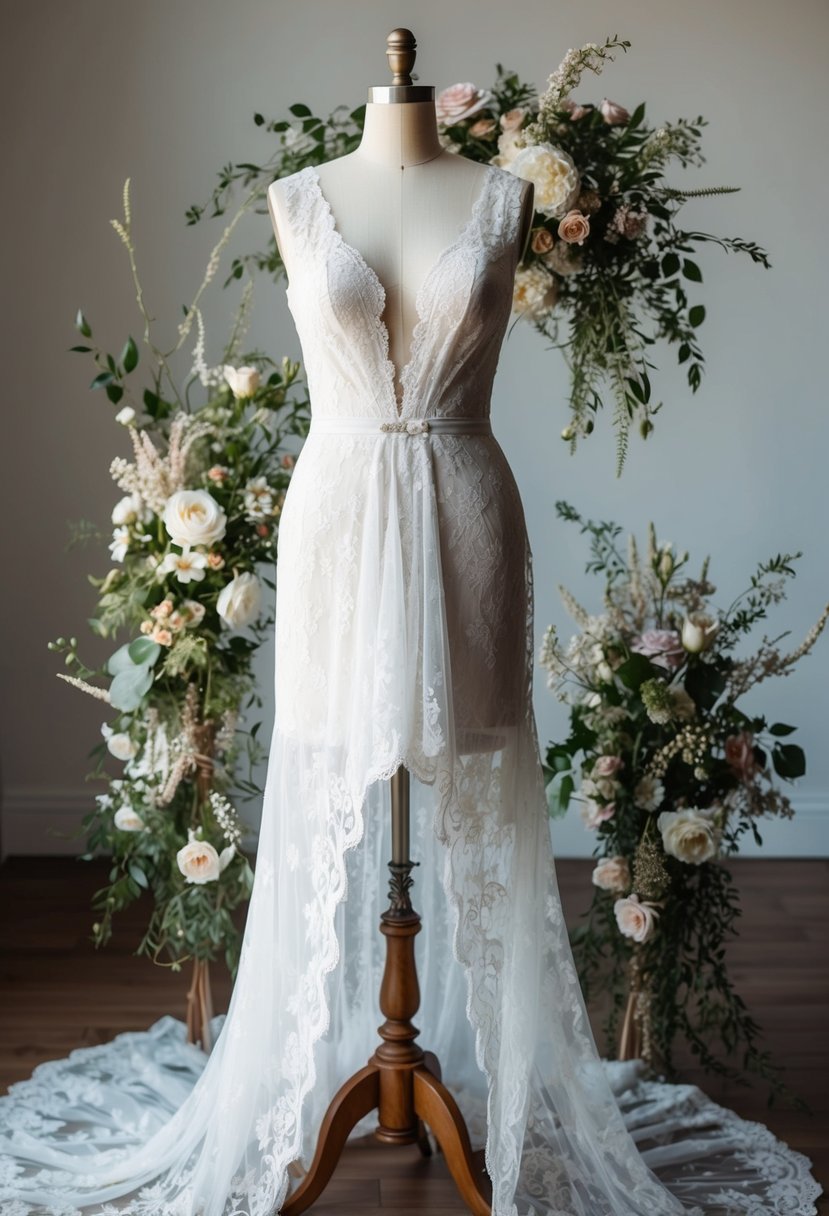 A flowing lace wedding gown draped over a vintage mannequin, surrounded by delicate floral arrangements and antique accessories