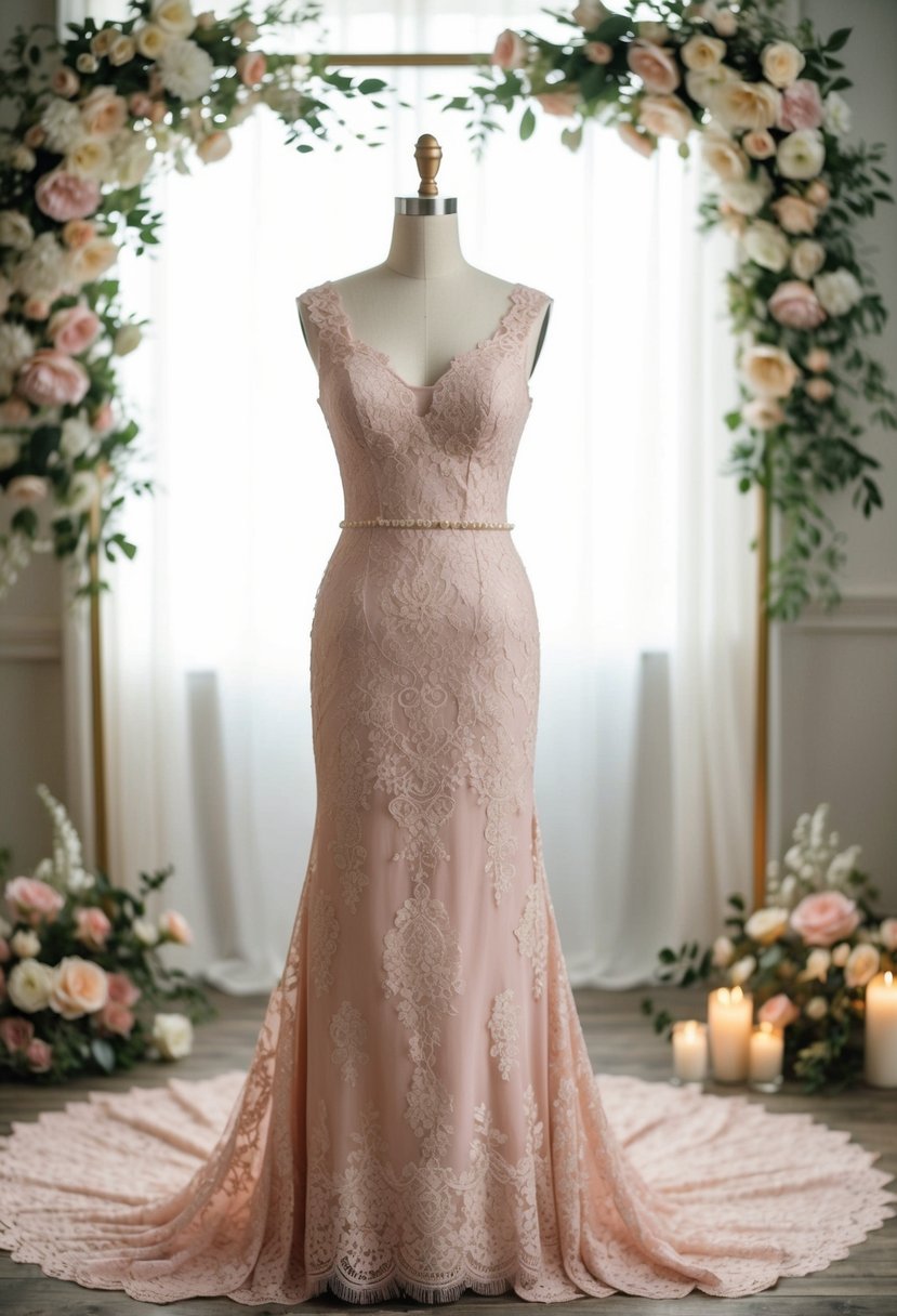 A blush pink lace wedding dress on a mannequin surrounded by vintage floral decor and soft, romantic lighting