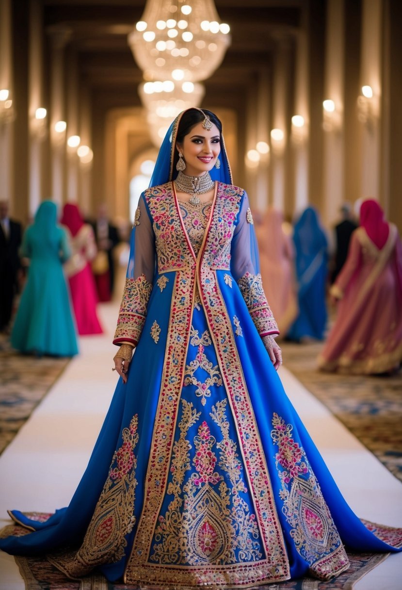 A vibrant and ornate Arab wedding dress with intricate embroidery and flowing fabric, inspired by traditional Kraftan style