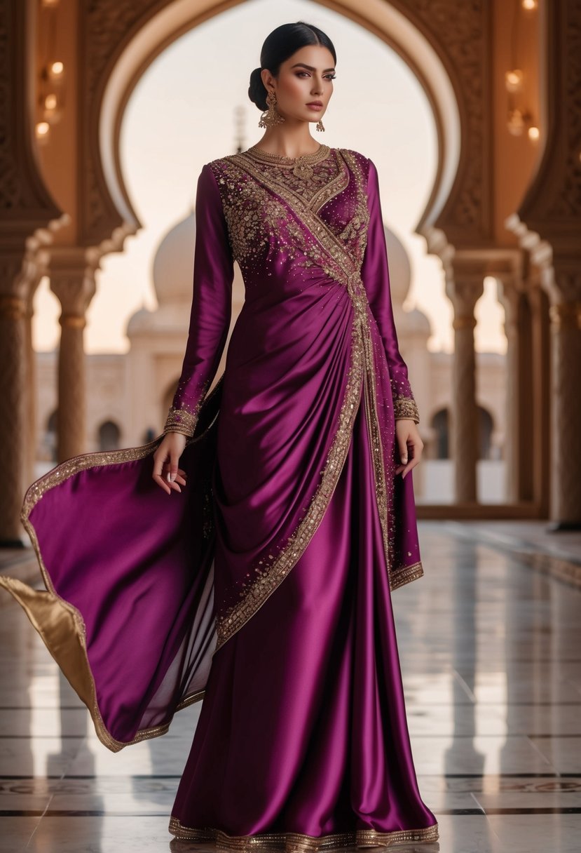 A flowing satin drape dress in rich jewel tones, adorned with intricate beading and delicate embroidery, set against a backdrop of opulent Middle Eastern architecture