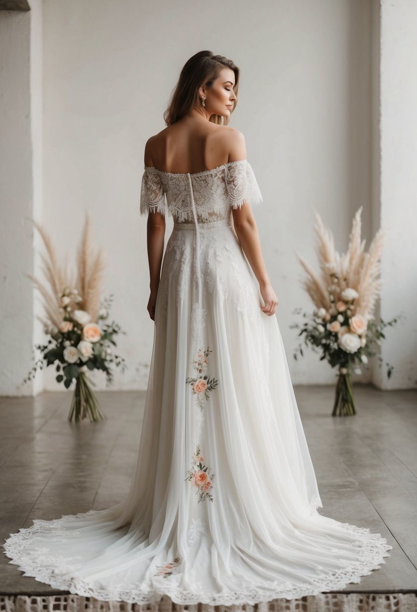 A flowing, off-the-shoulder wedding dress with lace details and floral embroidery. A mix of vintage and modern elements, with a relaxed, bohemian vibe