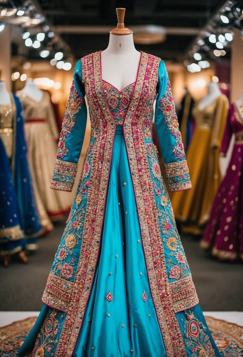 A colorful, intricately embroidered Arabian wedding dress displayed on a mannequin. Rich fabrics and ornate details create a stunning, one-of-a-kind garment