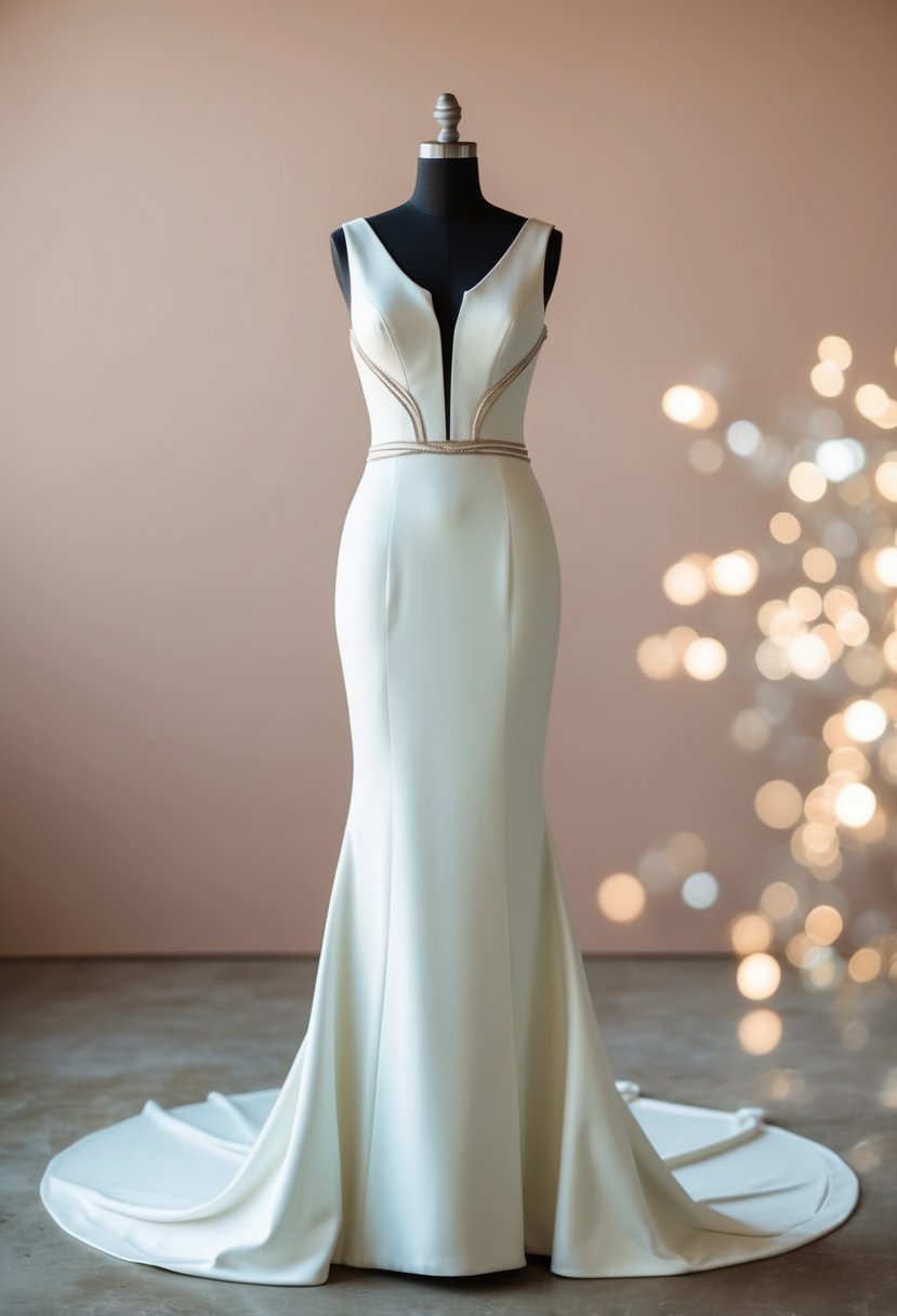 A sleek, form-fitting wedding dress with clean lines and minimalist detailing, in a soft pastel color palette with a touch of metallic accents