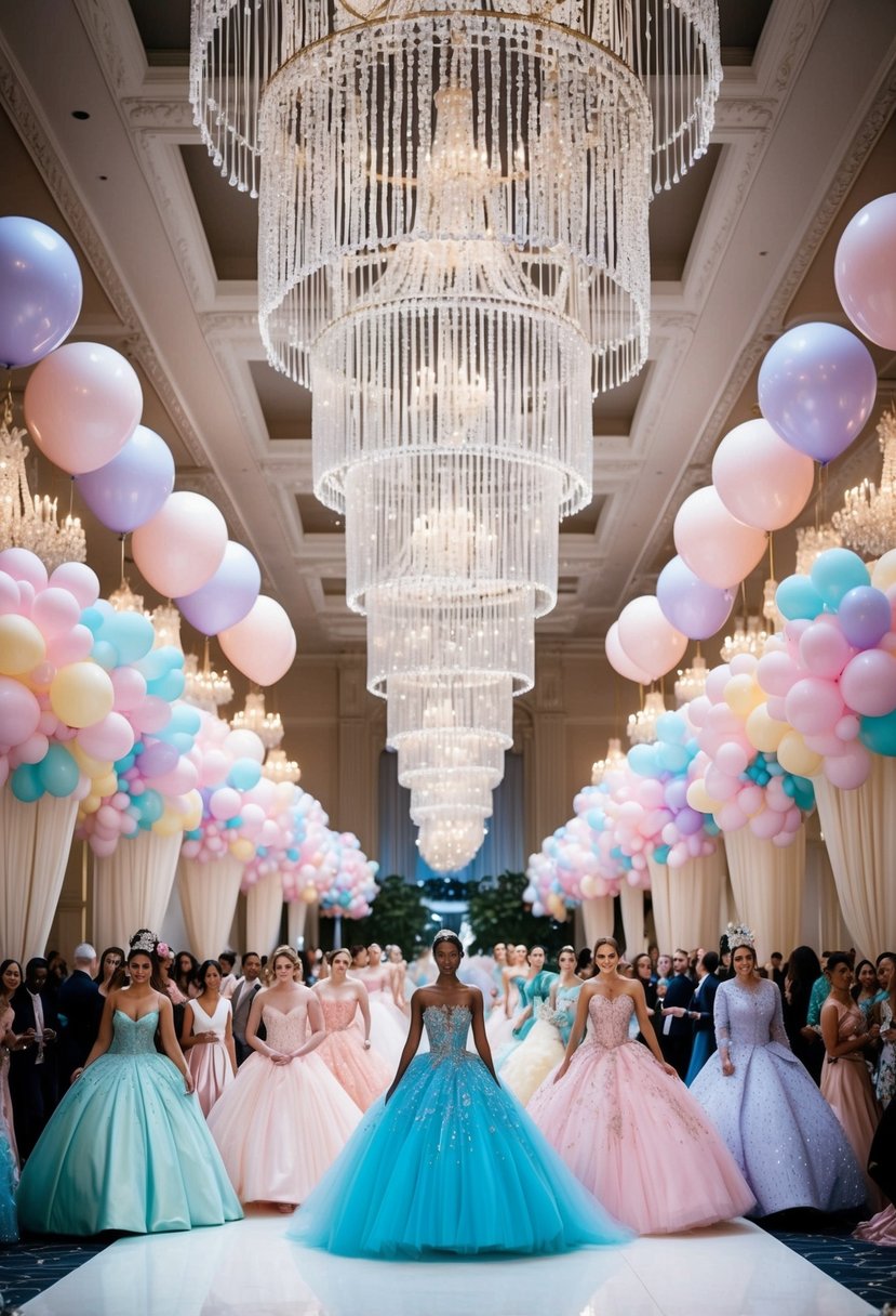 A grand ballroom with cascading crystal chandeliers, pastel-colored balloons, and a runway adorned with 90s-inspired fairy tale ballgowns