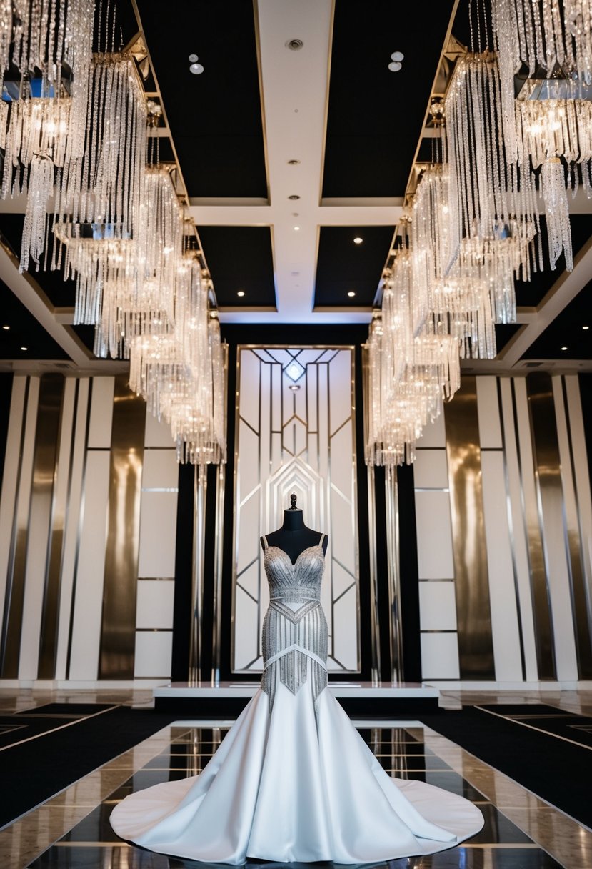 An opulent ballroom with geometric patterns, sleek metallic accents, and cascading crystal chandeliers, showcasing a 90s-inspired Art Deco wedding dress