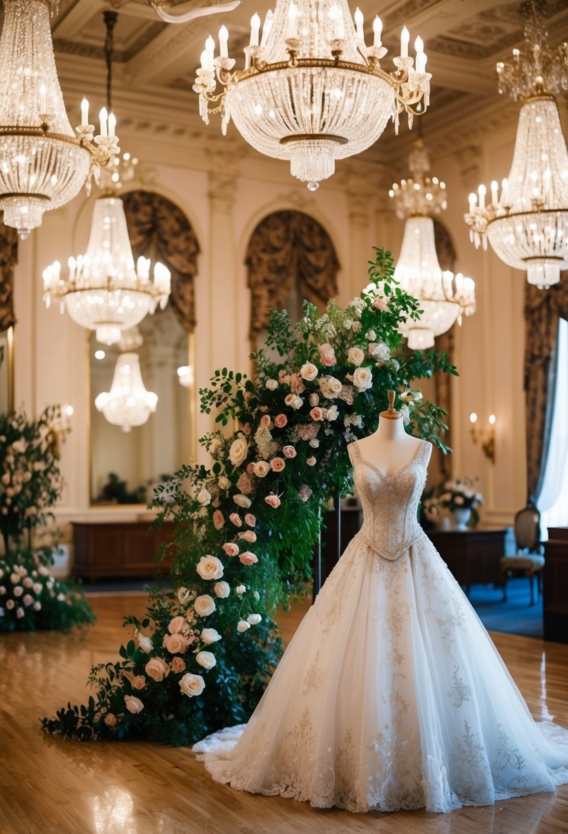 A grand ballroom adorned with vintage chandeliers and ornate floral arrangements. A mannequin displays a Victorian-inspired wedding gown with 90s flair