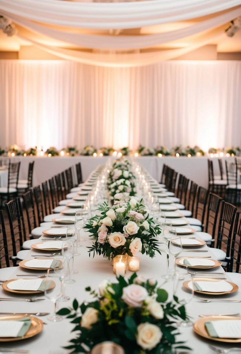 A long banquet table adorned with elegant floral centerpieces and place settings, set against a backdrop of soft lighting and draped fabric