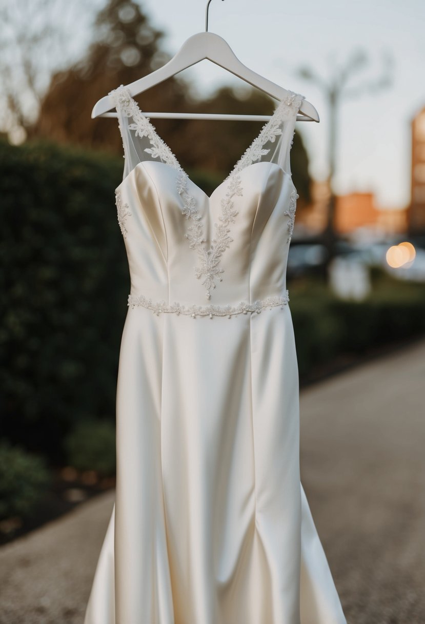 A 90s aesthetic wedding dress with a sleek satin silhouette, featuring a minimalist design and clean lines, accented with delicate lace or beading