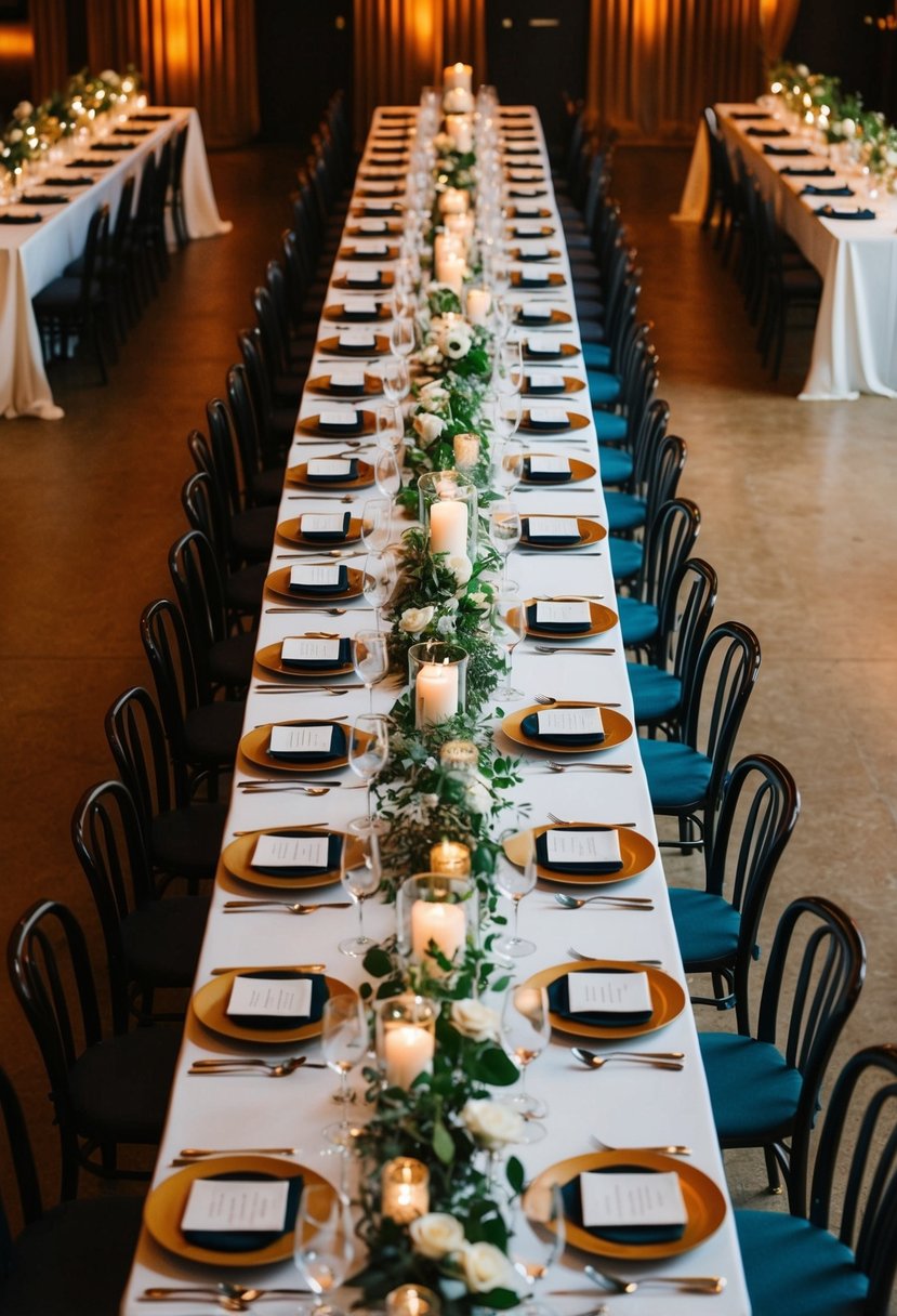 Long tables arranged in a communal layout for a wedding reception, creating a warm and inclusive atmosphere