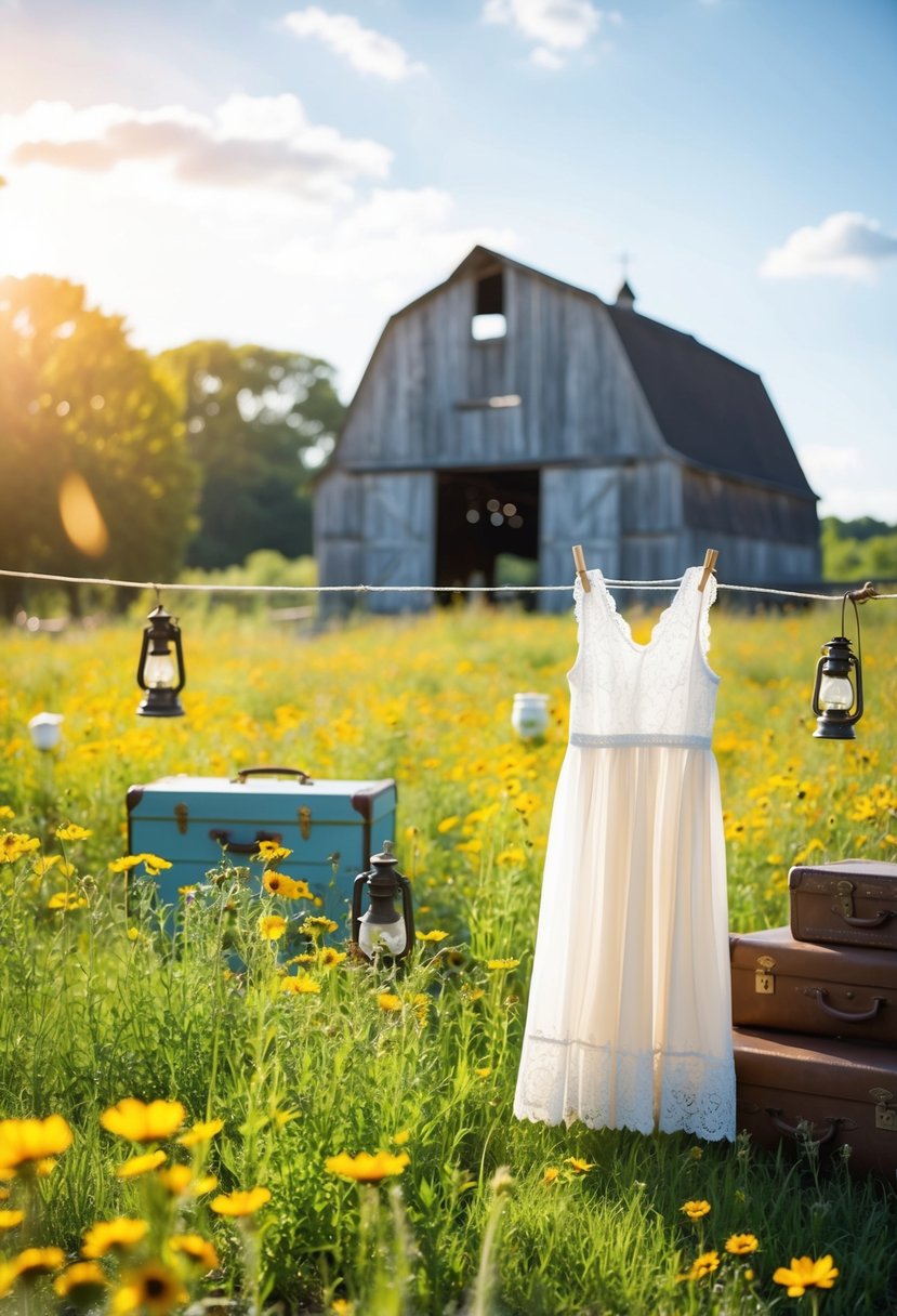 A sun-drenched, wildflower-filled meadow with a vintage barn in the background. A lace-trimmed dress hangs from a clothesline, surrounded by antique suitcases and old-fashioned lanterns