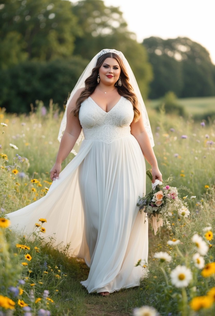 A plus-size bride in a flowing, bohemian 70s wedding dress, surrounded by wildflowers and a vintage lace veil