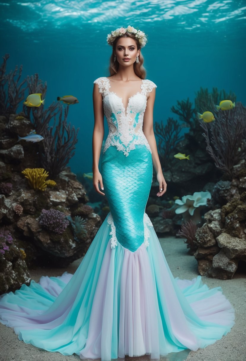 A mermaid-inspired wedding dress with 90s aesthetic: pastel colors, lace details, and a flowing train, set against a backdrop of underwater flora and fauna