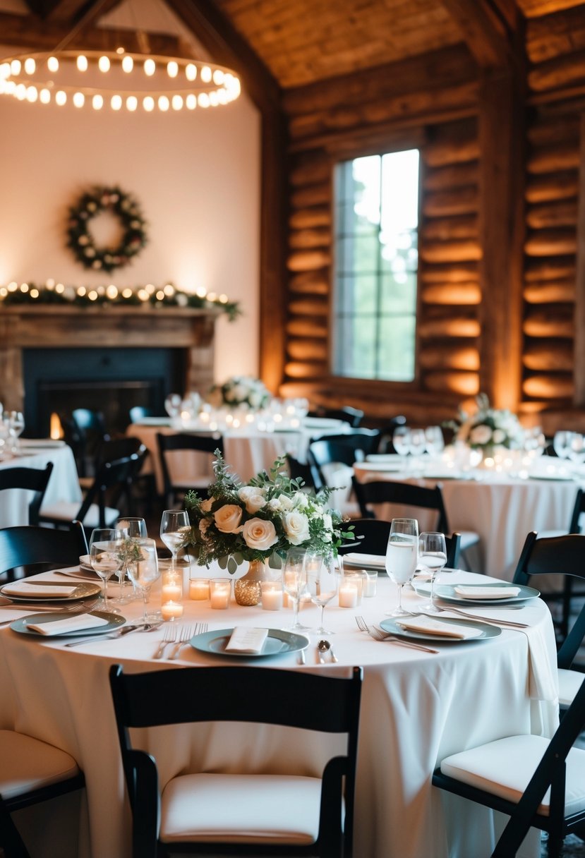 A cozy wedding reception with round tables arranged in an intimate setting, adorned with elegant centerpieces and soft lighting