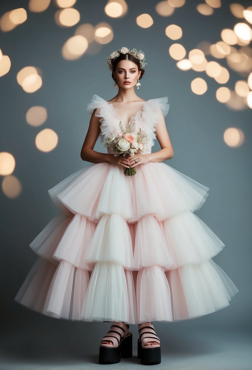 A voluminous tulle wedding dress with ruffled layers in pastel colors, accessorized with dainty floral headpiece and chunky platform shoes