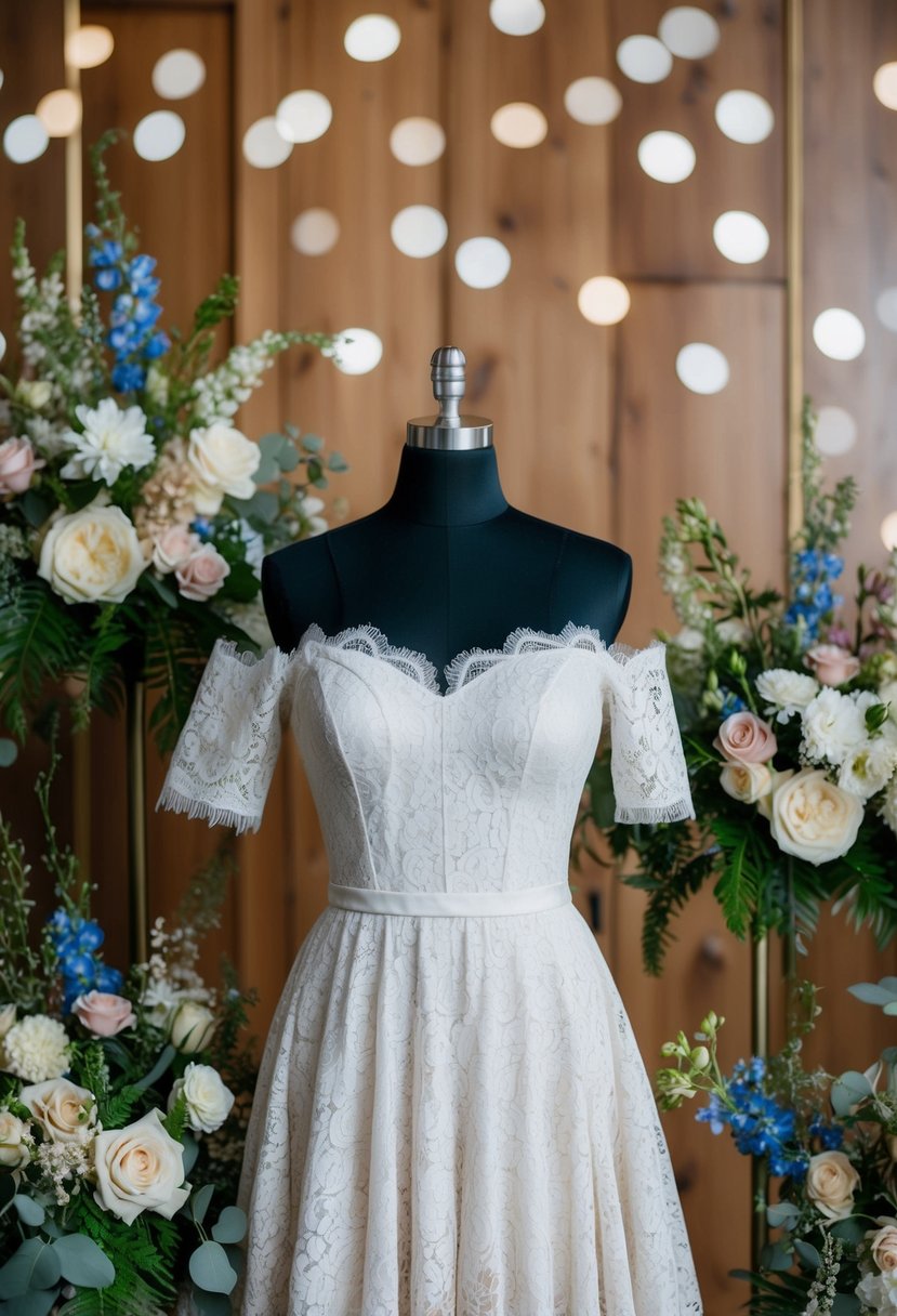 A curvy mannequin in a 70s-inspired off-the-shoulder lace gown, surrounded by vintage wedding decor and floral arrangements