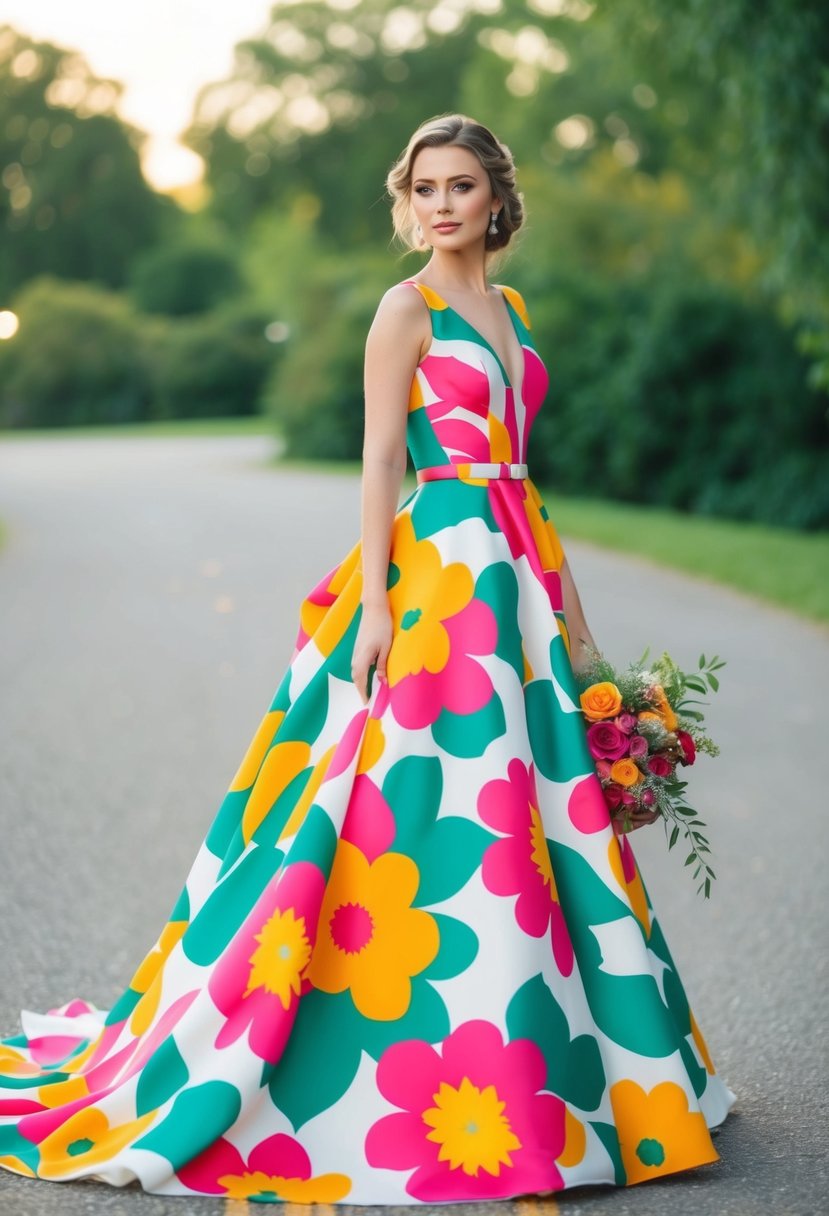 A flowing wedding dress adorned with bold, vibrant floral patterns, reminiscent of the 90s aesthetic