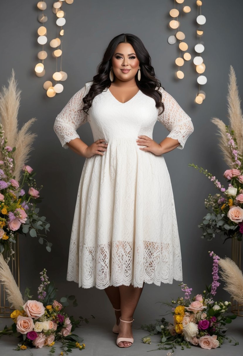 A plus-size woman in a bohemian lace A-line dress, surrounded by 70s wedding decor and flowers