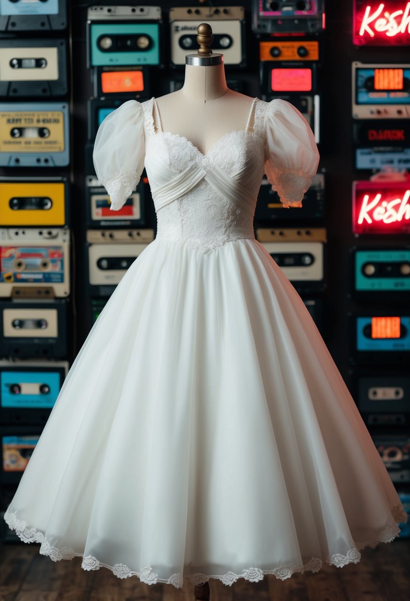 A tea-length wedding dress with puffy sleeves, lace details, and a sweetheart neckline, set against a backdrop of cassette tapes and neon signs