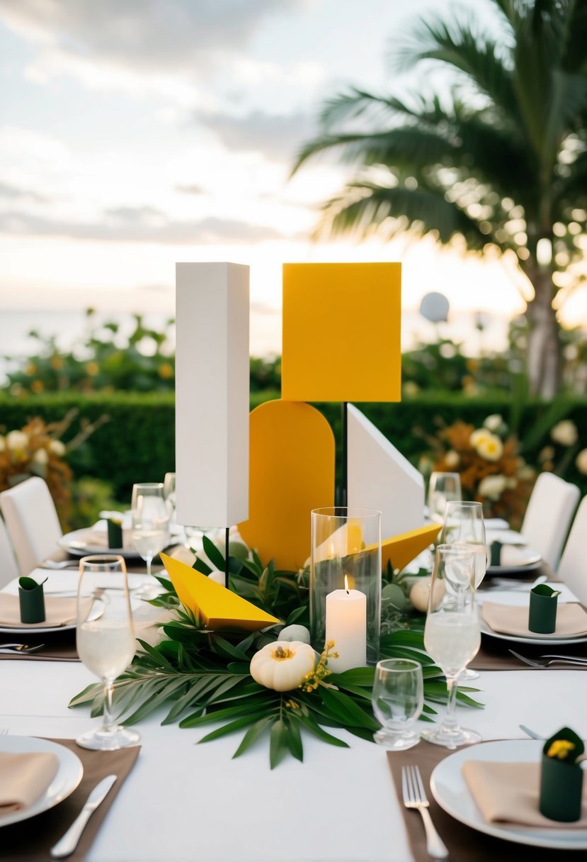 A mix of geometric and organic shapes arranged on a wedding table for a dynamic and modern look