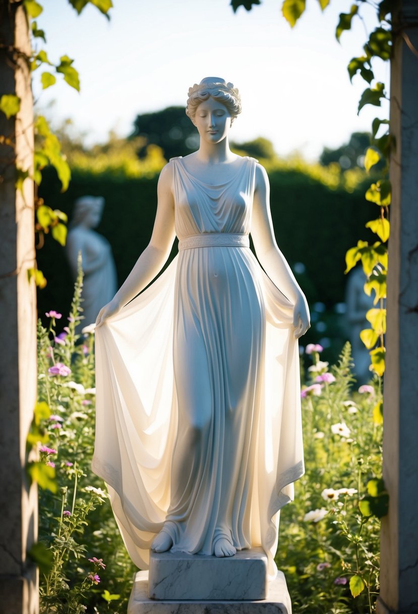 A Greek goddess stands in a sunlit garden, draping a flowing 90s aesthetic wedding dress over a marble statue. Wildflowers and vines frame the scene